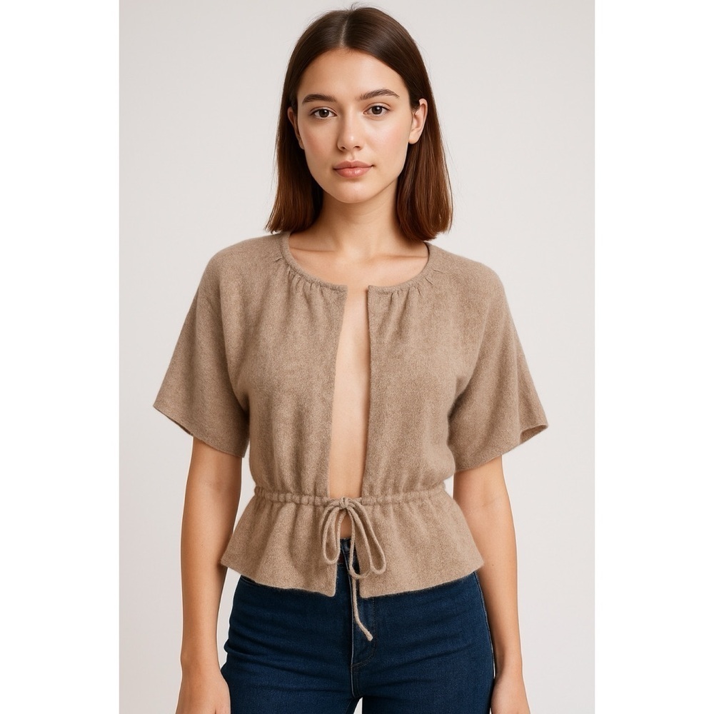 WHITE + WARREN 100% Cashmere Short Sleeves Oatmeal Tan Cardigan​​​​​